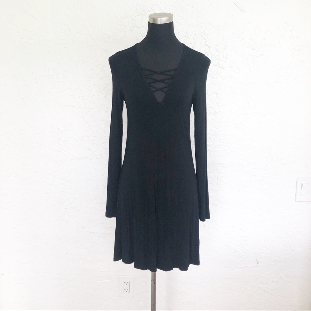 Express Black Long Sleeve Gothic Criss Cross Front Slinky Summer Dress Womens Sm
